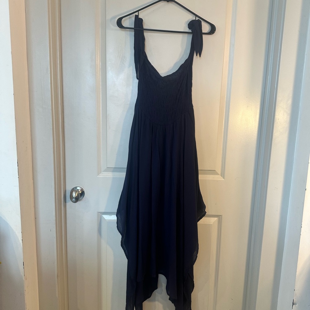 Indigo Rein Navy Asymmetrical Hem Tiered Straps Smocked Chest Sun Dress, Medium